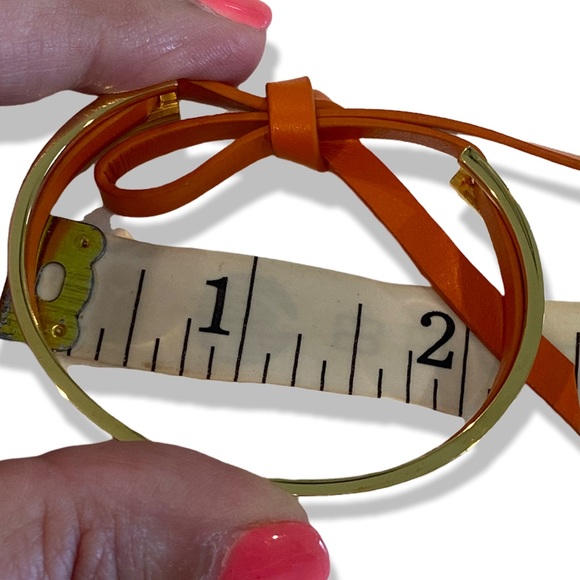 Gold Cuff Bracelet with Orange Leather Tie Strap - Picture 3 of 4